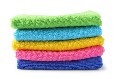 Photo of Stack of different microfiber cloths isolated on white