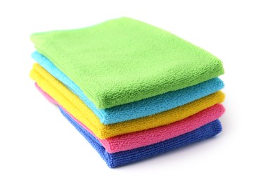 Photo of Stack of different microfiber cloths isolated on white