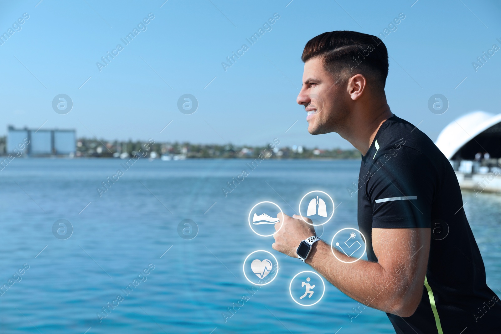 Image of Man with smart watch running near river outdoors. Icons near device