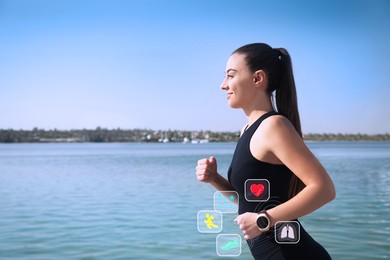 Woman with smart watch running near river outdoors. Icons near device