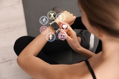 Image of Young woman using smart watch during training indoors, closeup. Icons near device