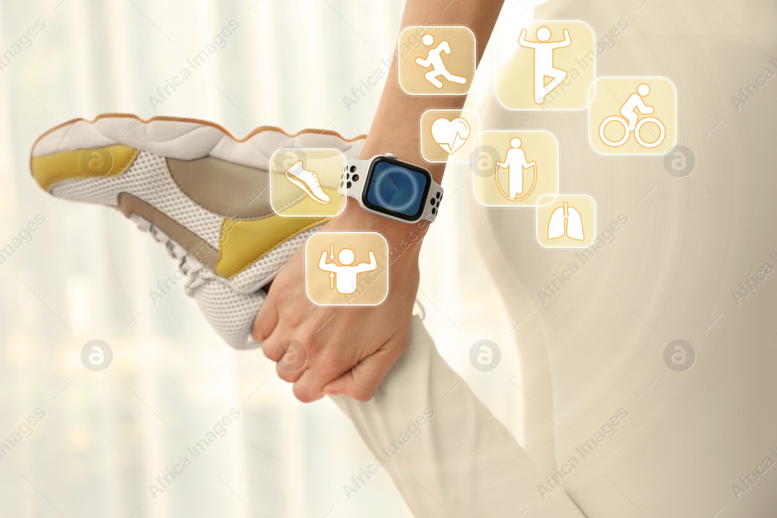 Image of Woman with smart watch during training indoors, closeup. Icons near device