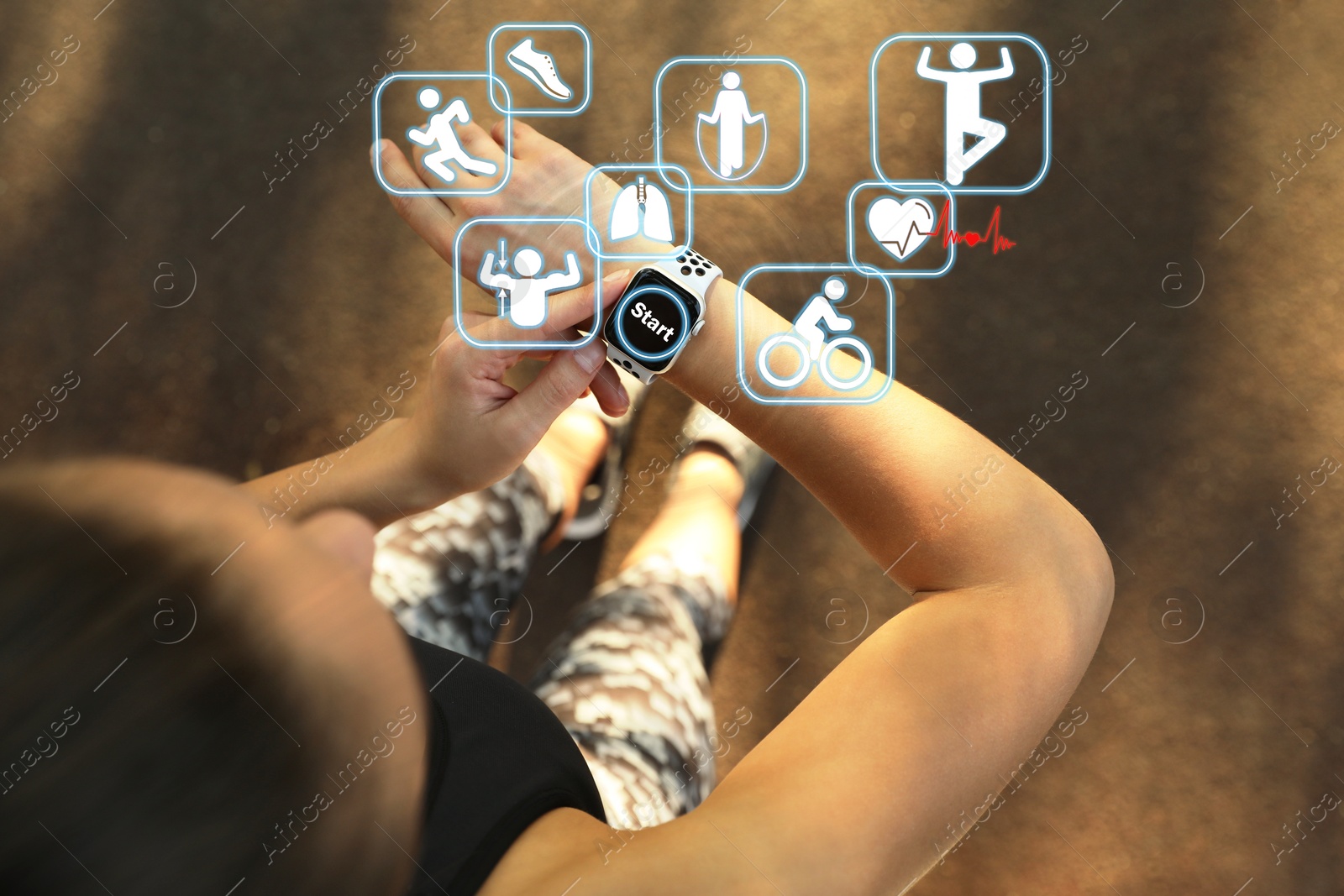 Image of Woman using modern smart watch during training outdoors, top view. Icons near device