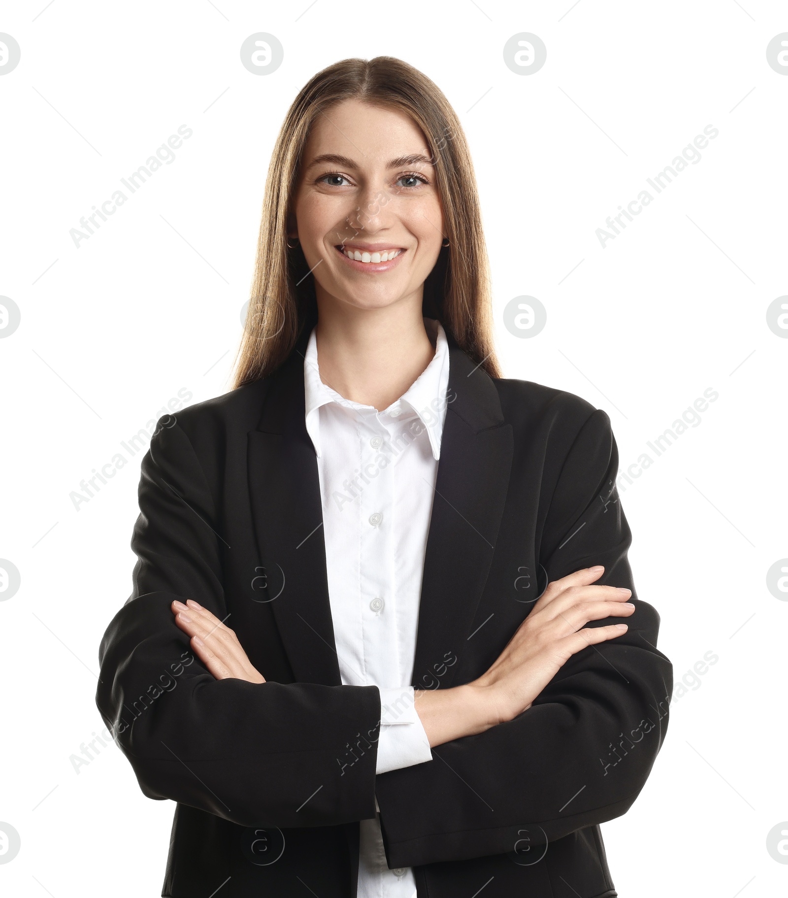 Photo of Portrait of banker with crossed arms on white background