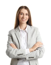 Photo of Portrait of banker with crossed arms on white background