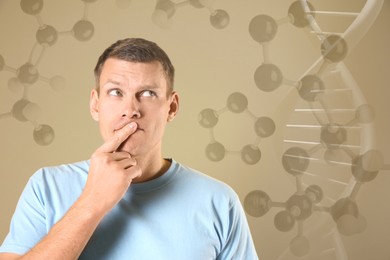 Thoughtful man, molecular model and illustration of DNA on beige background