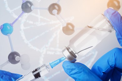 Image of Doctor filling syringe with medication, closeup. Light background with molecular model and illustration of DNA