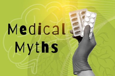 Image of Medical myths. Doctor holding pills on yellowish green background with illustrations of human brain and lungs