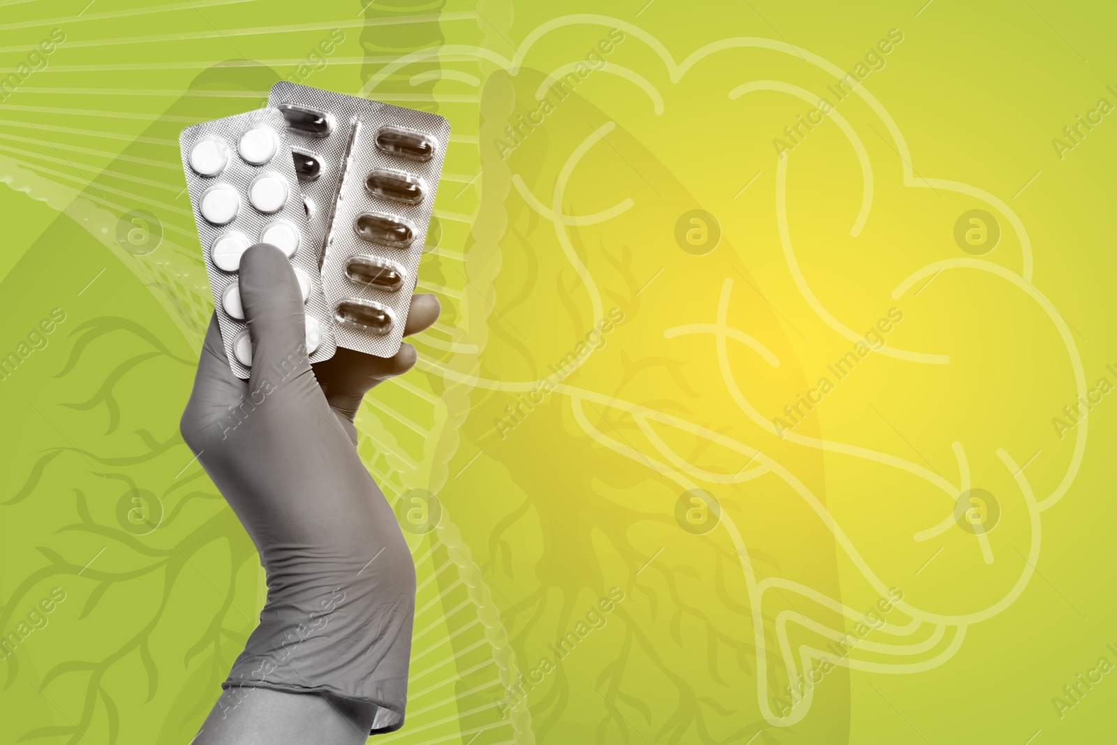 Image of Doctor holding pills on yellowish green background with illustrations of human brain and lungs