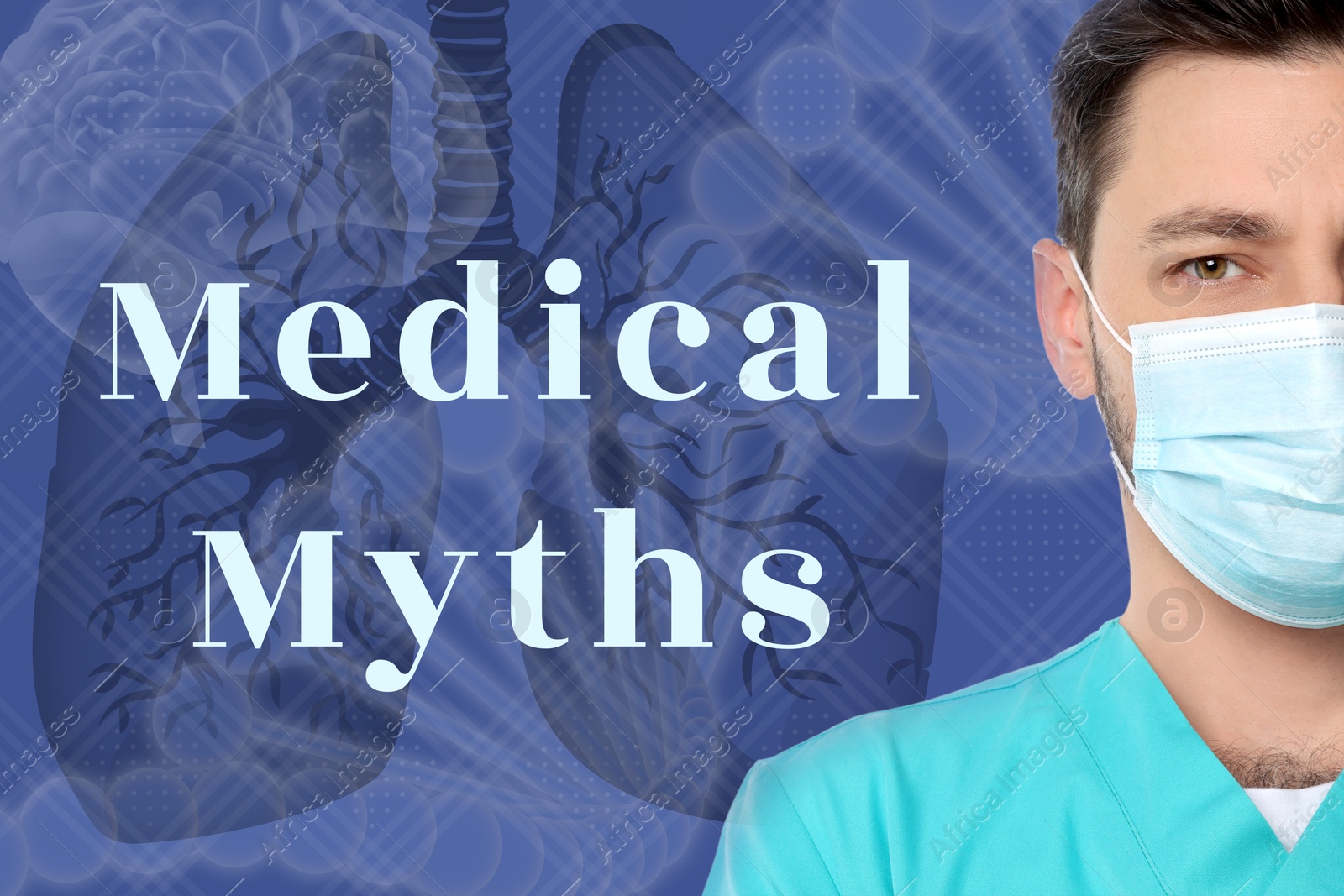 Image of Medical myths. Doctor with mask. Blue background with illustrations of DNA, human brain and lungs