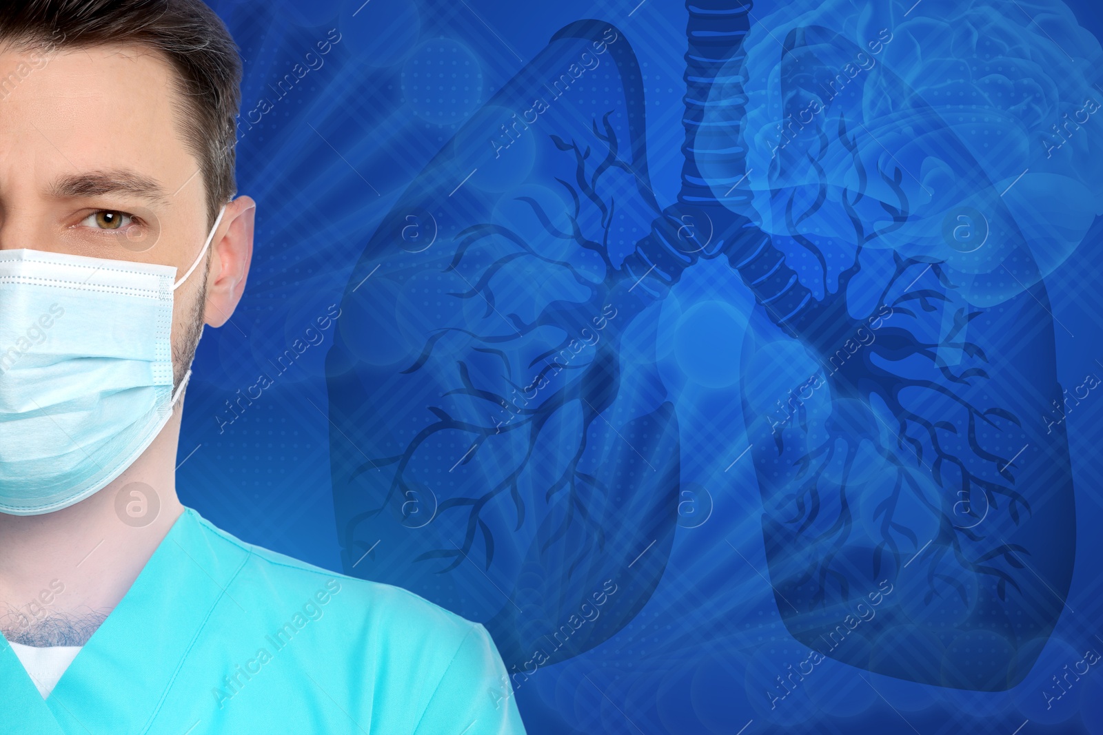 Image of Doctor wearing mask. Blue background with illustrations of DNA, human brain and lungs, space for text