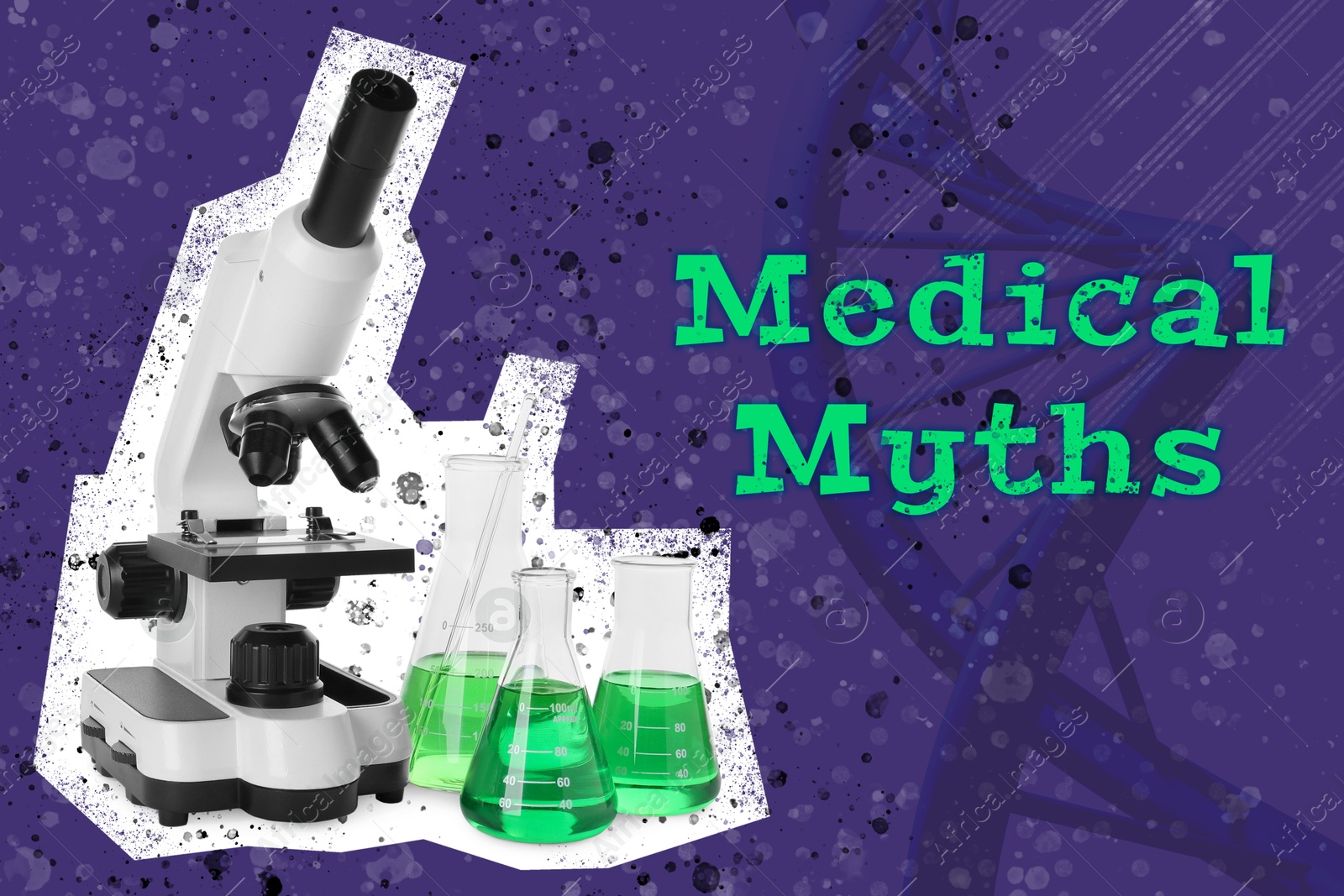 Image of Medical myths. Collage with microscope and laboratory glassware on color background