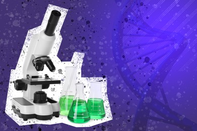 Image of Collage with microscope and laboratory glassware. Color background with illustration of DNA