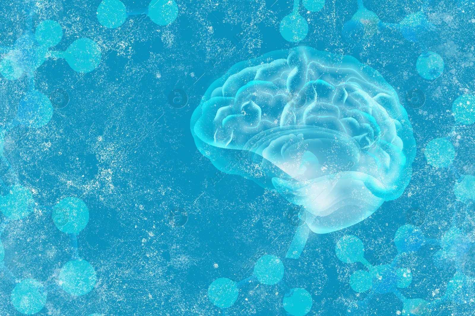 Image of Molecular model and illustration of human brain on light blue background