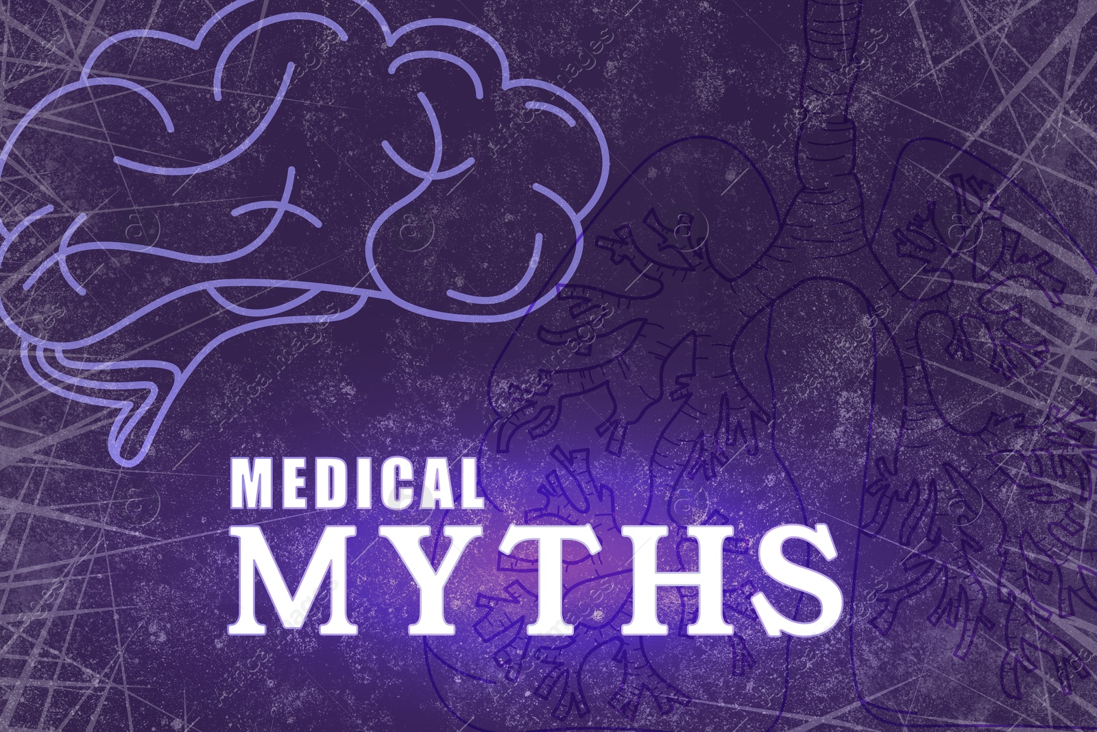 Image of Medical myths. Illustrations of human brain and lungs on purple background