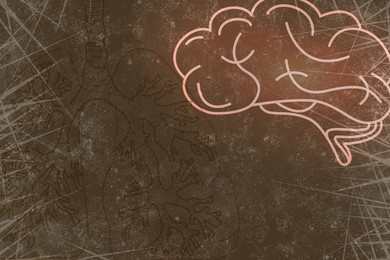 Image of Illustrations of human brain and lungs on brown background