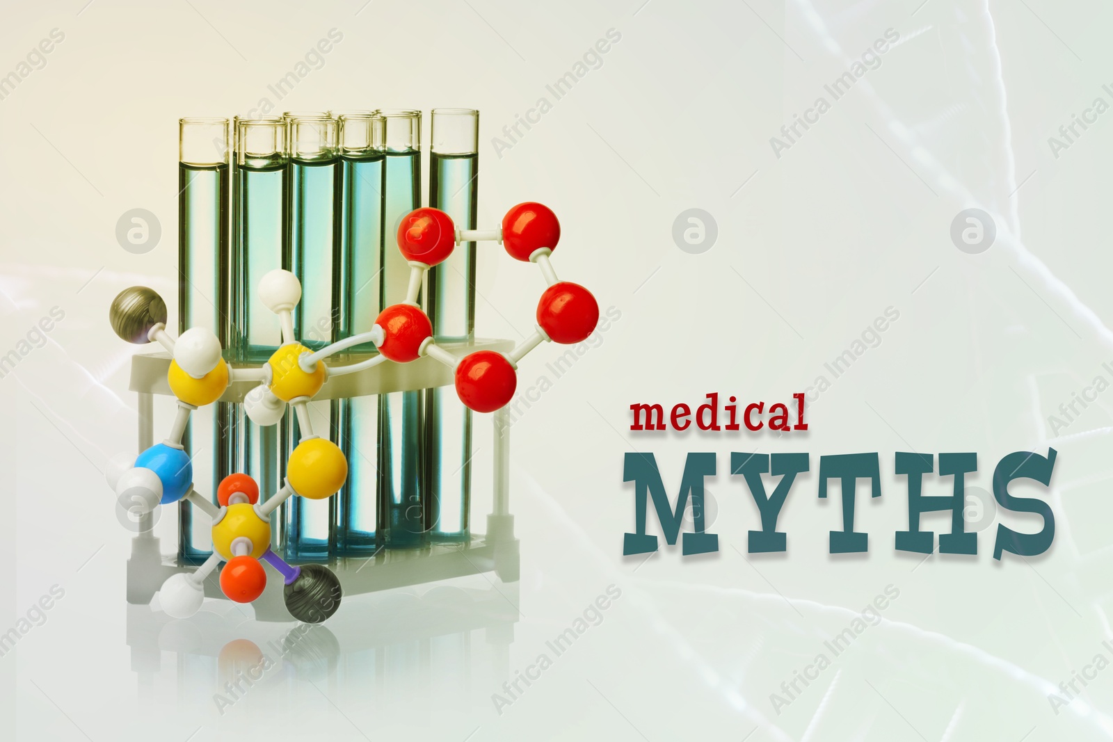 Image of Medical myths. Molecular model and rack with test tubes on white background