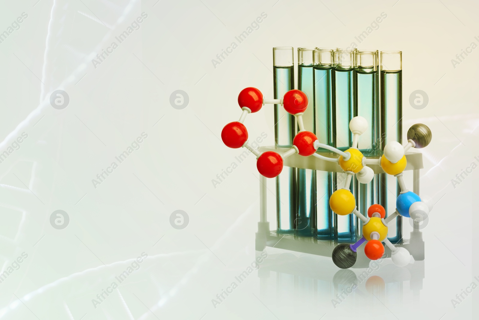 Image of Molecular model and rack with test tubes on white background