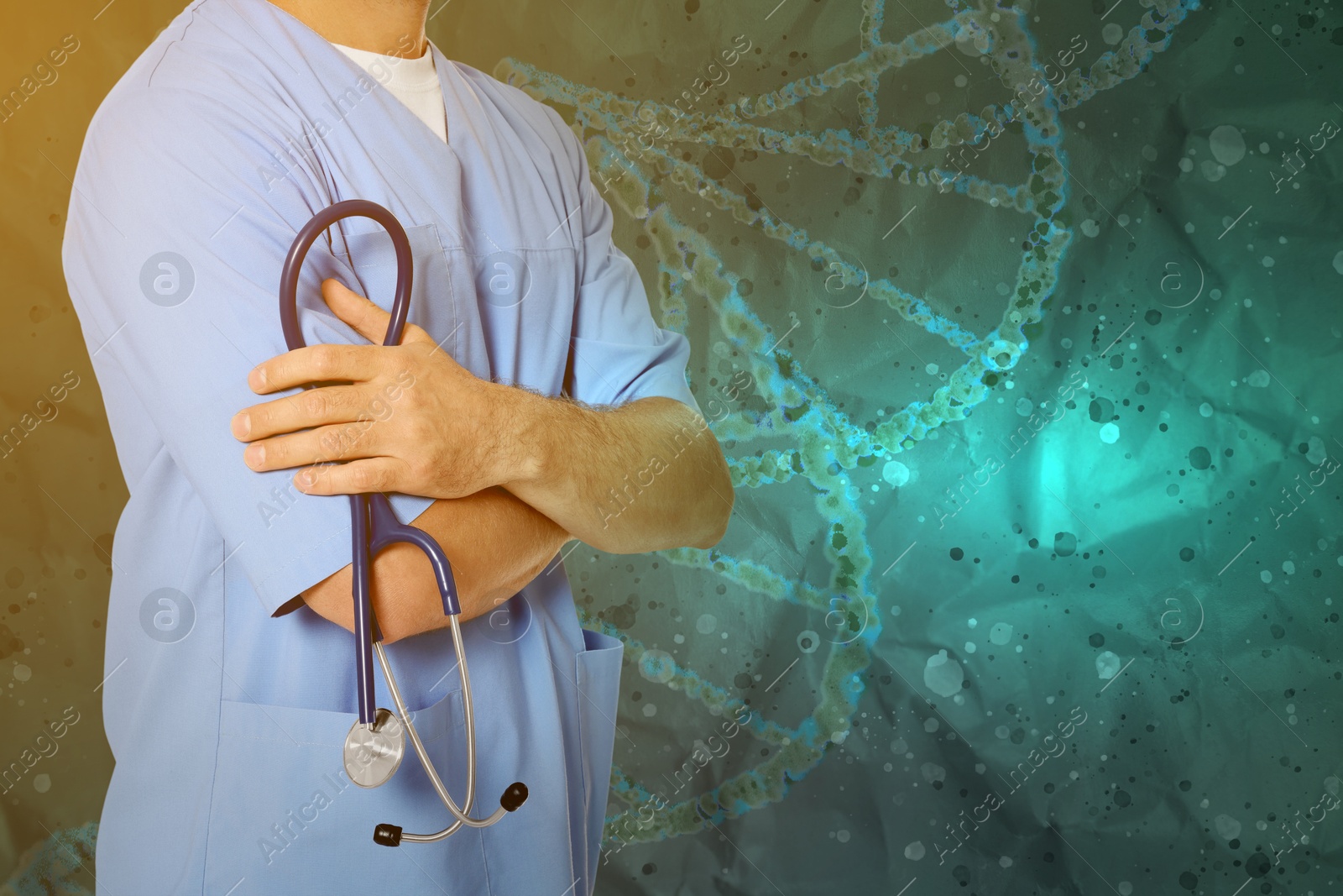 Image of Doctor with stethoscope and illustration of DNA on color background