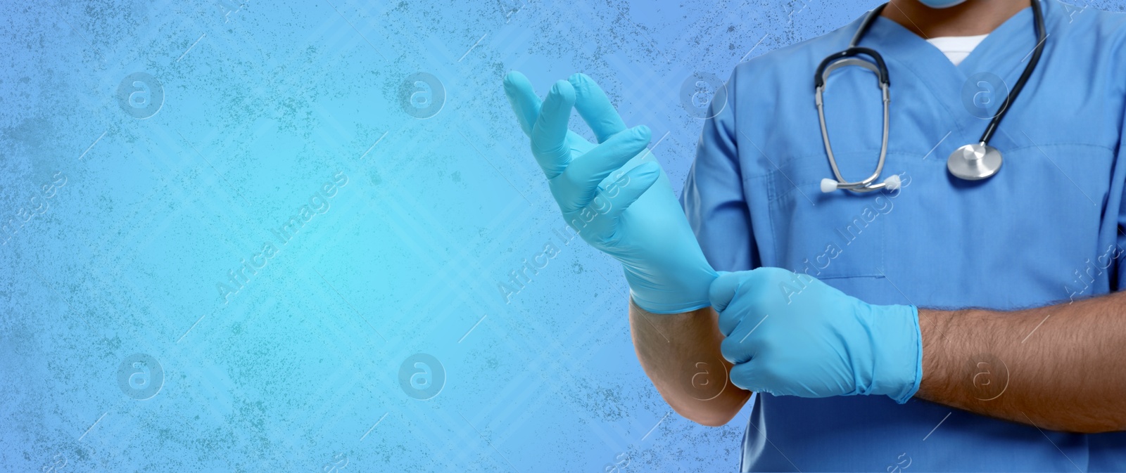 Image of Doctor wearing gloves on light blue background, banner design. Space for text