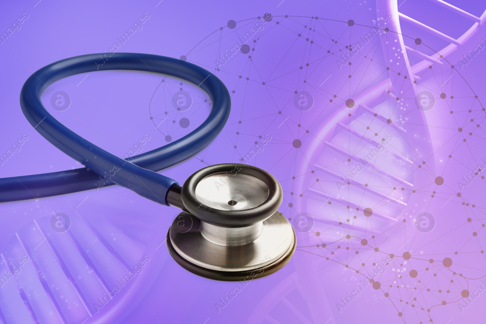 Image of Stethoscope on violet background with scheme and illustration of DNA