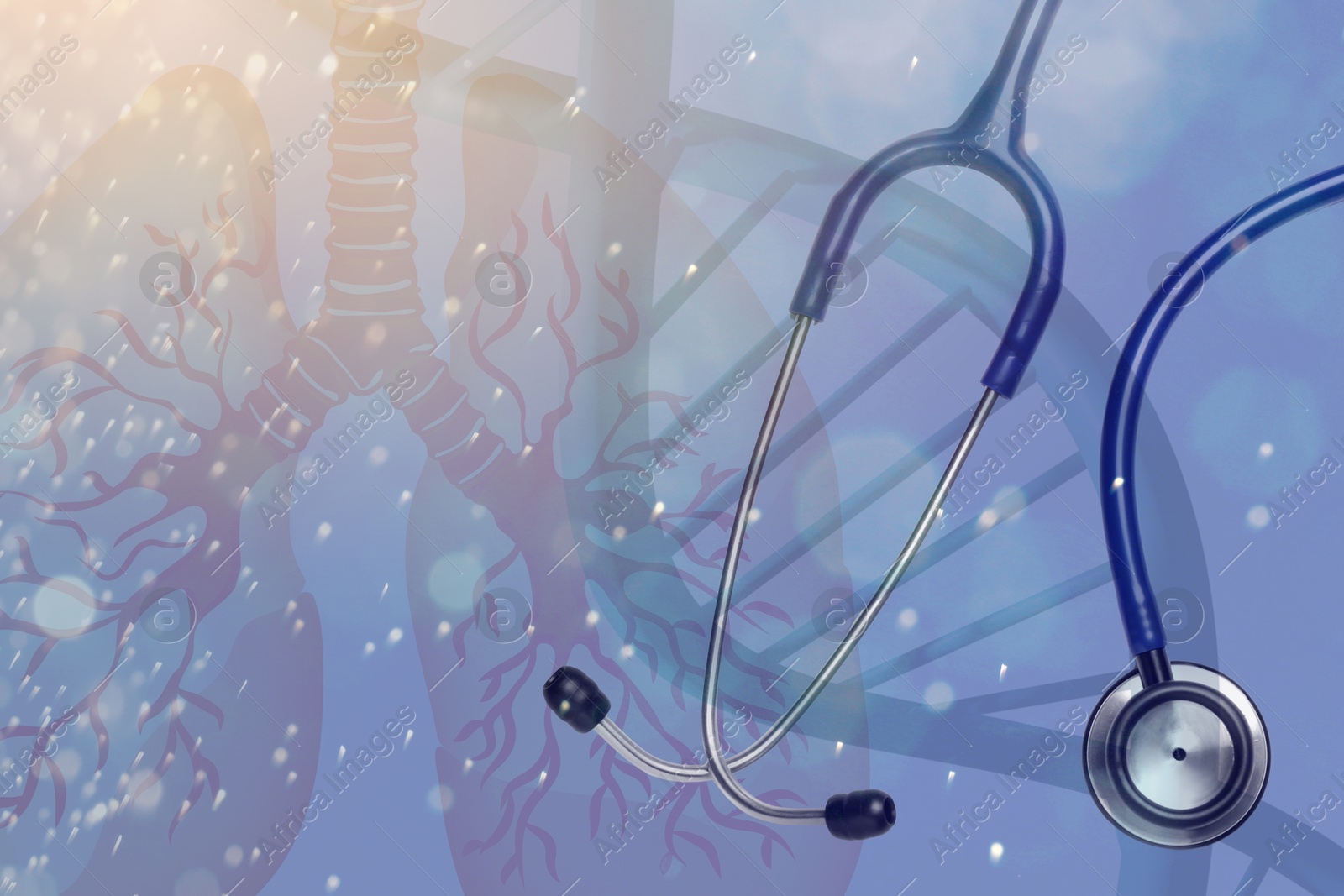 Image of Stethoscope and illustrations of DNA and human lungs on light blue background