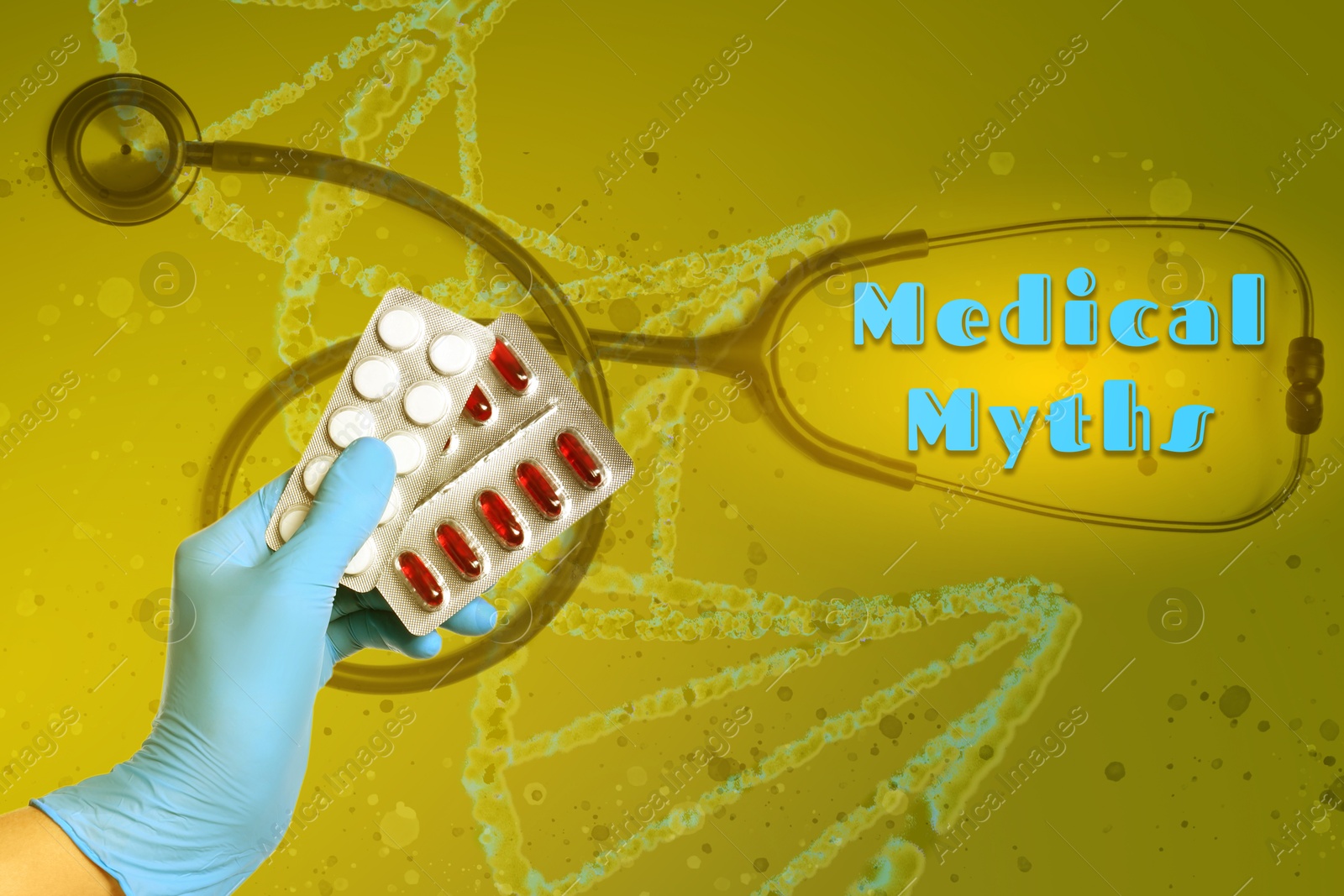 Image of Medical myths. Doctor holding pills on yellowish green background with stethoscope and illustration of DNA