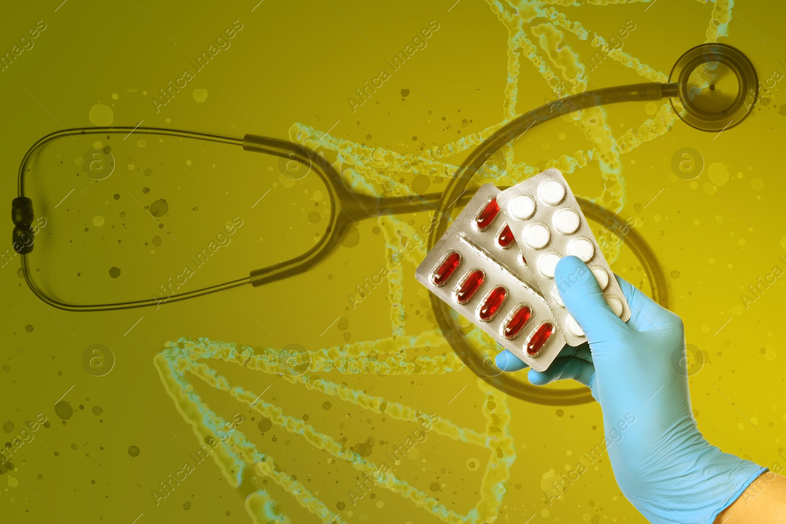 Image of Doctor holding pills on yellowish green background with stethoscope and illustration of DNA