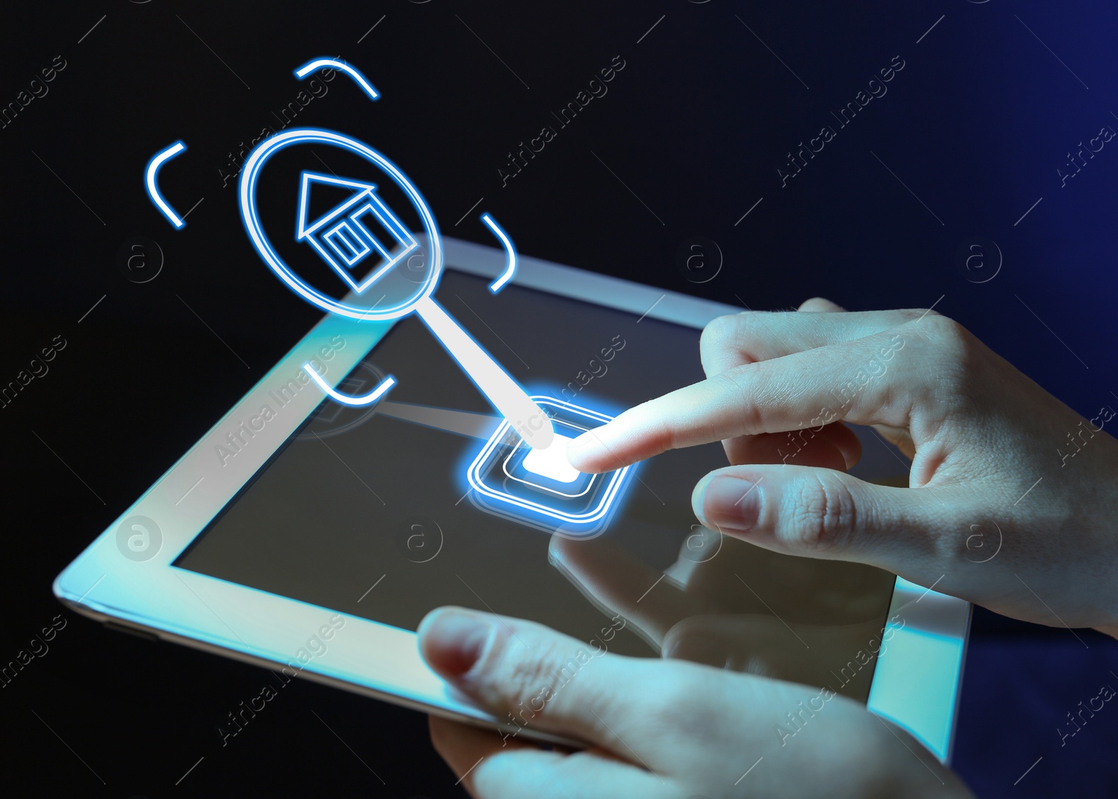 Image of Search for housing. Woman using tablet on dark background, closeup. Illustration of building over device