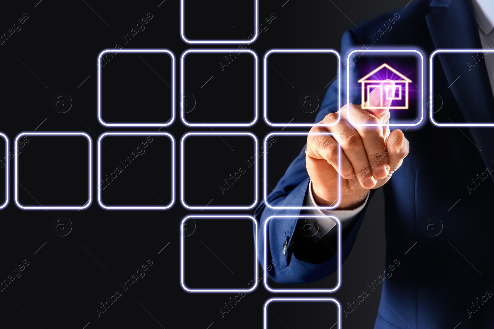 Image of Search for housing. Real estate agent touching virtual screen with building icon on black background, closeup