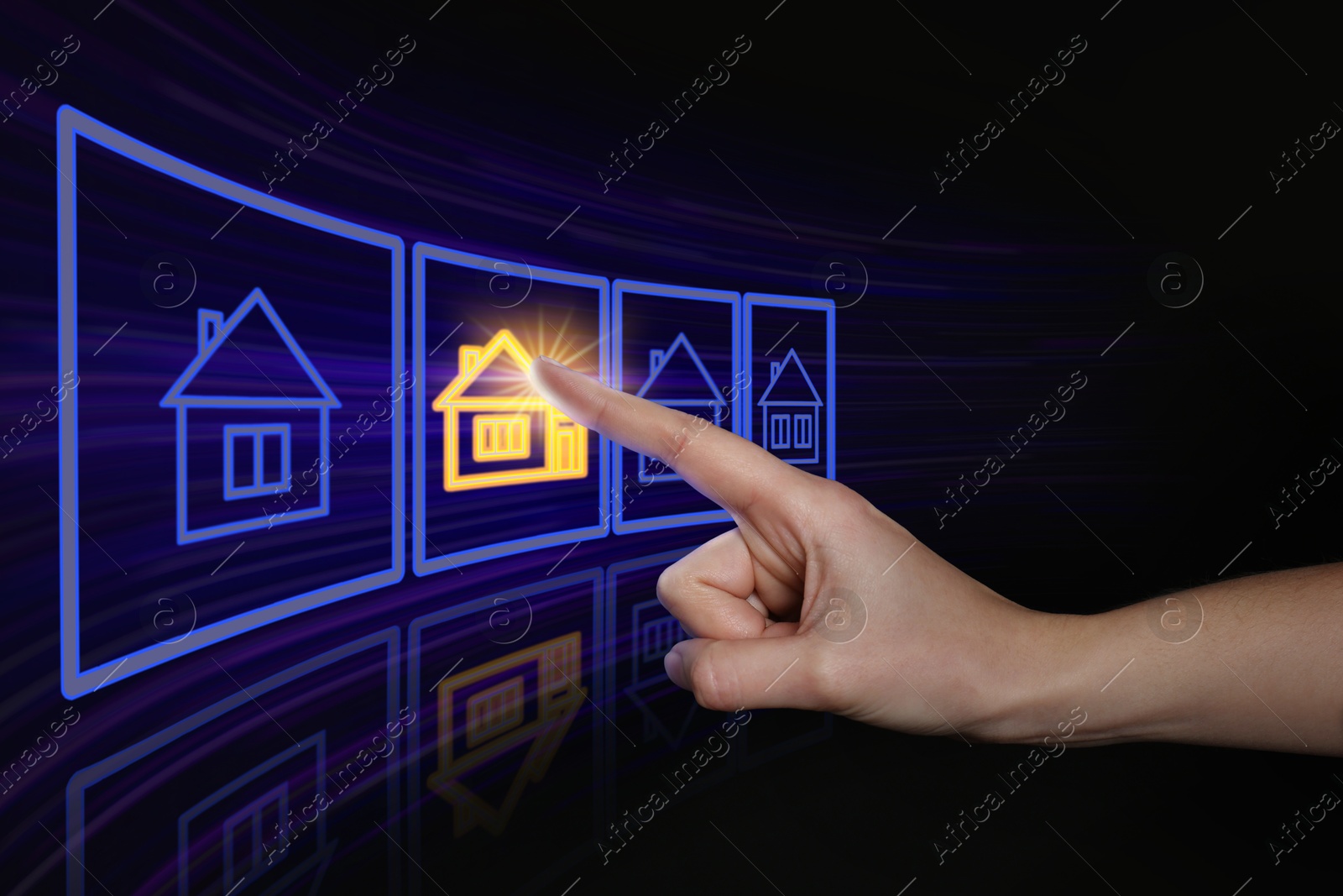 Image of Search for housing. Woman touching virtual screen with building icons on black background, closeup