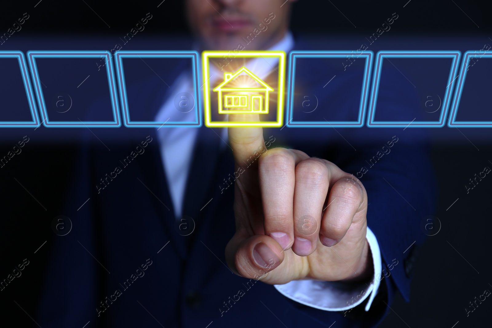 Image of Search for housing. Real estate agent touching virtual screen with building icon on black background, closeup