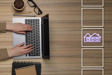 Image of Search for housing. Real estate agent using laptop at wooden table, top view. Illustration of house