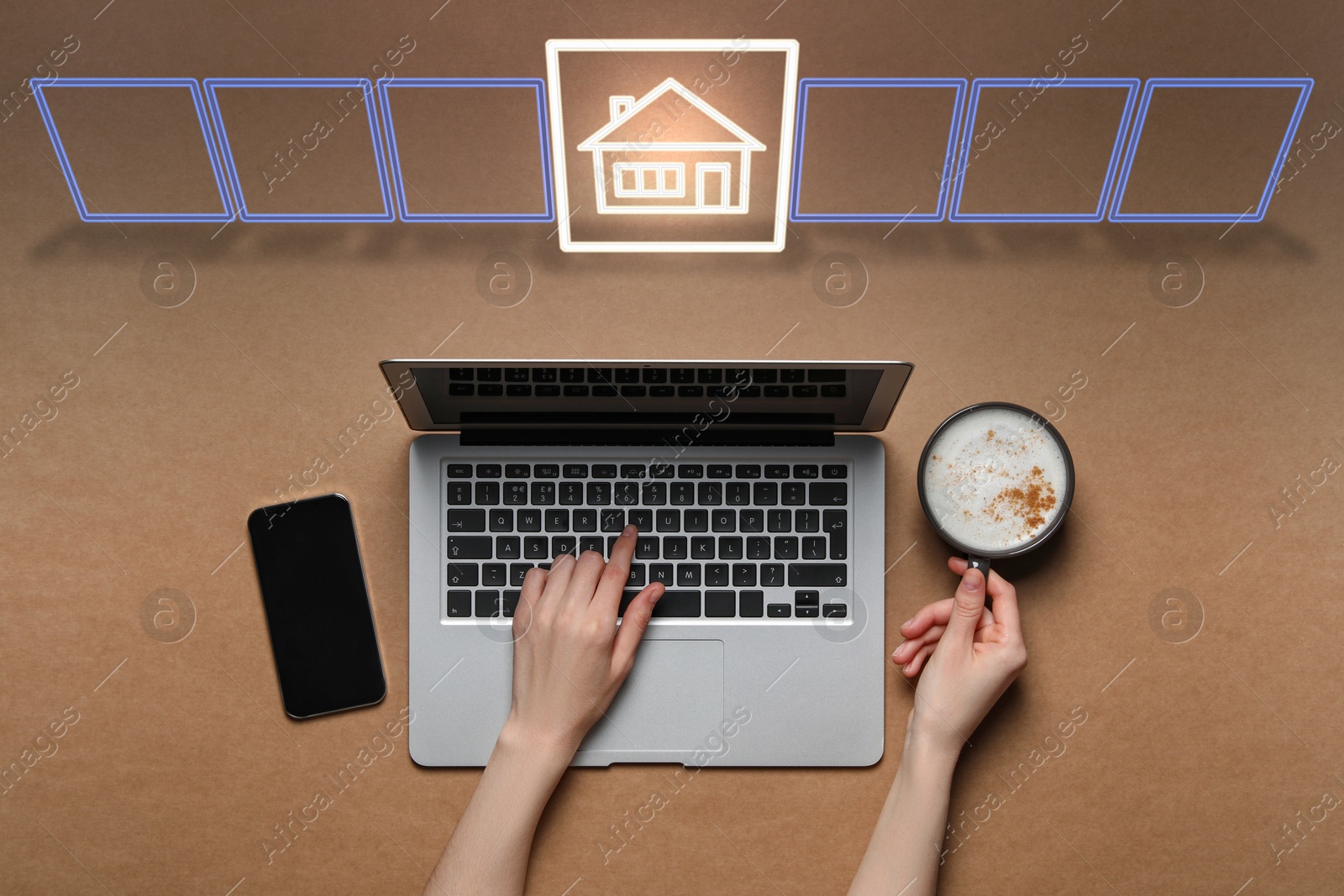 Image of Search for housing. Woman using laptop at wooden table, top view. Virtual screen with illustration of house