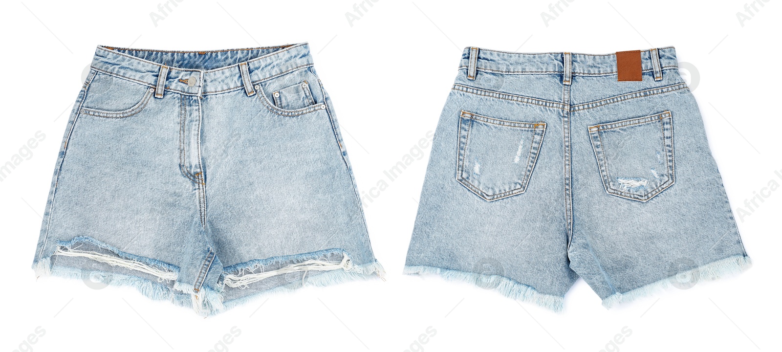 Image of Jean shorts isolated on white, back and front