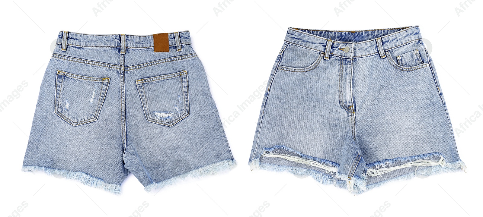 Image of Jean shorts isolated on white, back and front