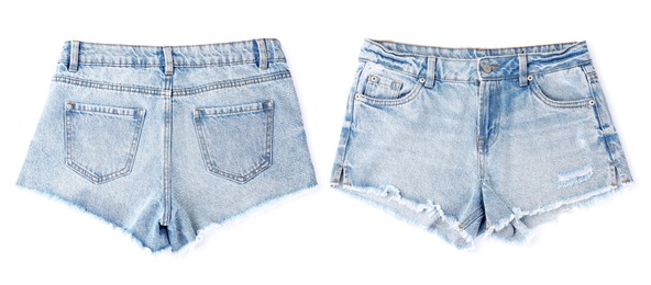 Image of Jean shorts isolated on white, back and front