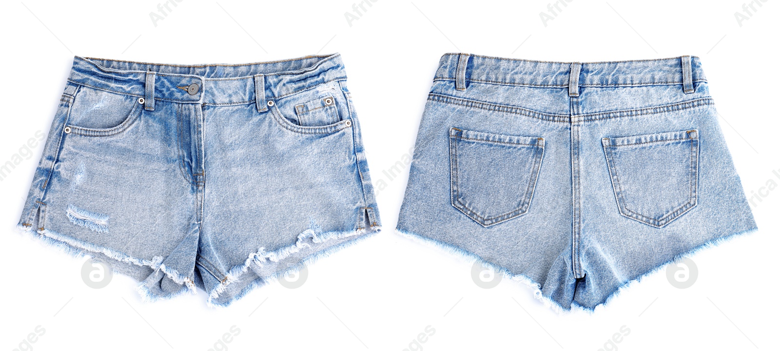 Image of Jean shorts isolated on white, back and front