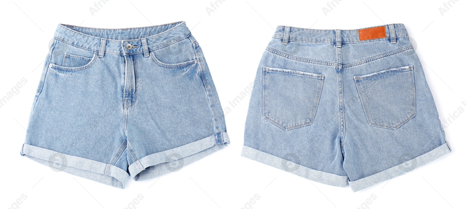 Image of Jean shorts isolated on white, back and front