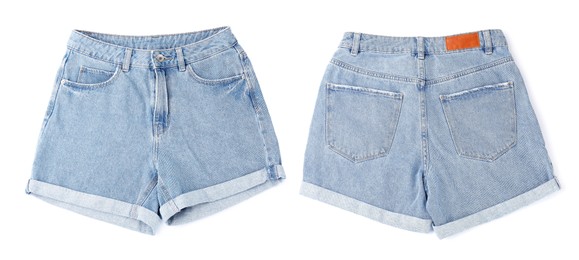 Image of Jean shorts isolated on white, back and front