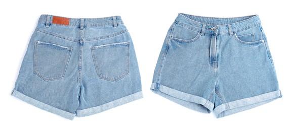 Image of Jean shorts isolated on white, back and front