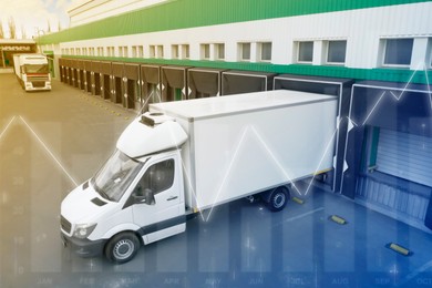 Image of Trucks near big warehouse outdoors, color toned. Logistics center