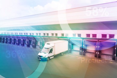 Image of Truck near loading dock of warehouse outdoors, color toned. Logistics center