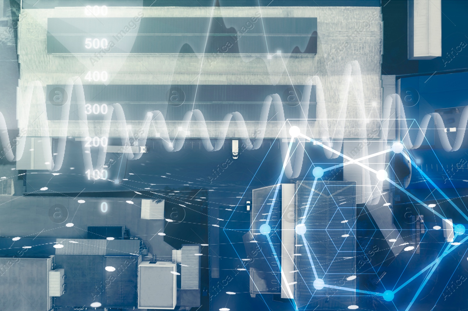 Image of Aerial top view of warehouse. Logistics center. Scheme and graphs