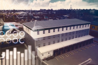 Aerial view of warehouse with loading docks outdoors. Logistics center. Graphs