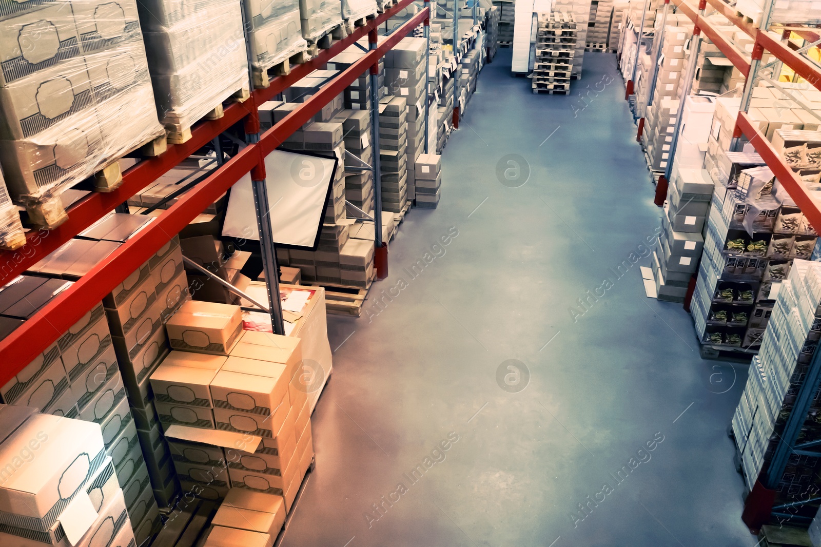 Image of Warehouse with lots of products, view from above. Wholesale business and logistics