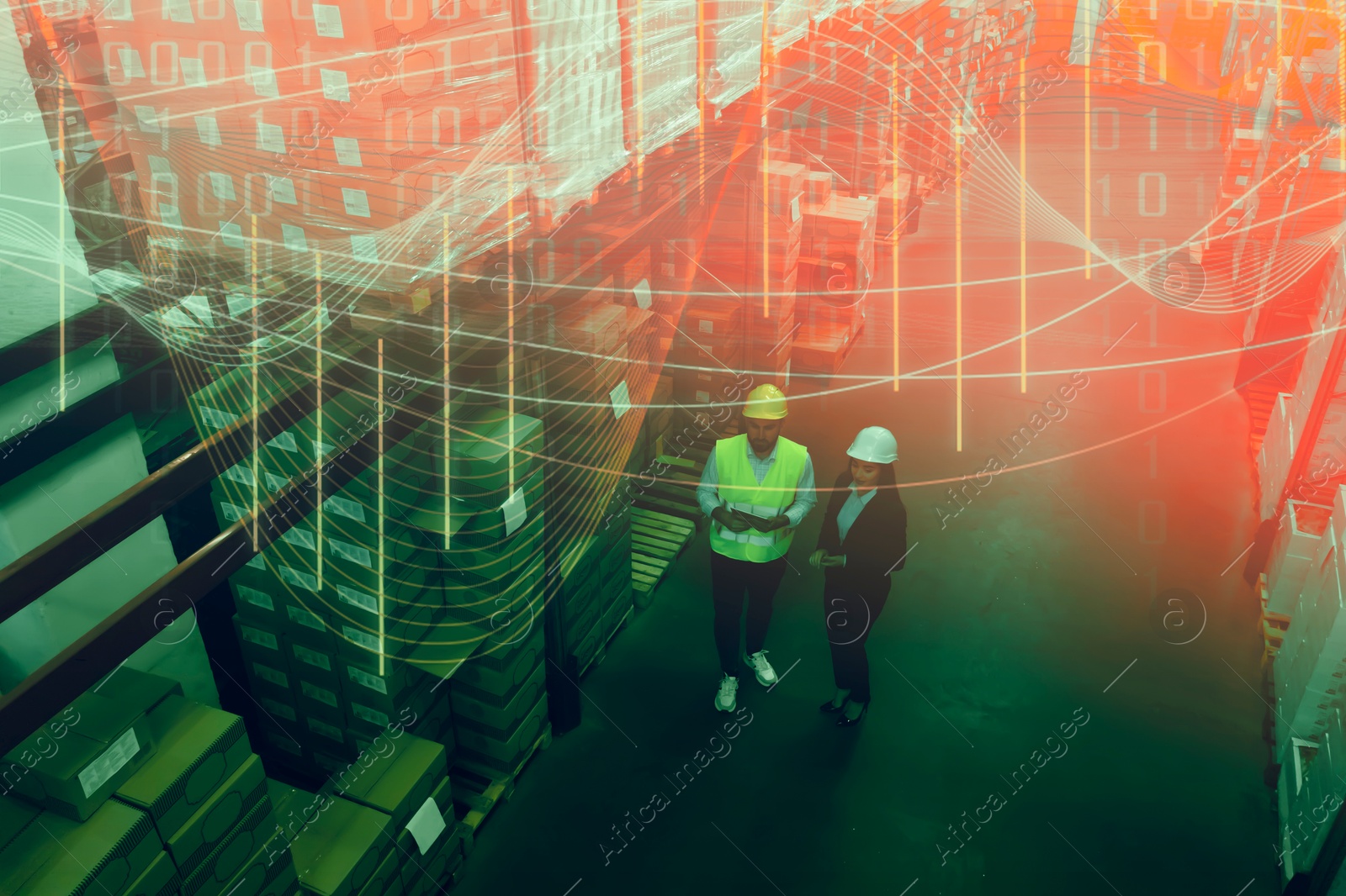 Image of Manager and worker at warehouse, above view. Logistics center. Color toned