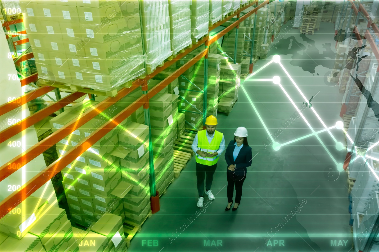 Image of Manager and worker at warehouse, above view. Logistics center. Graph