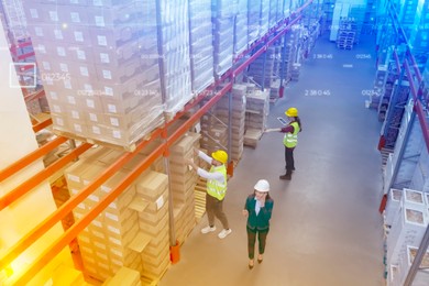 Image of Manager and workers at warehouse, above view. Logistics center. Color toned