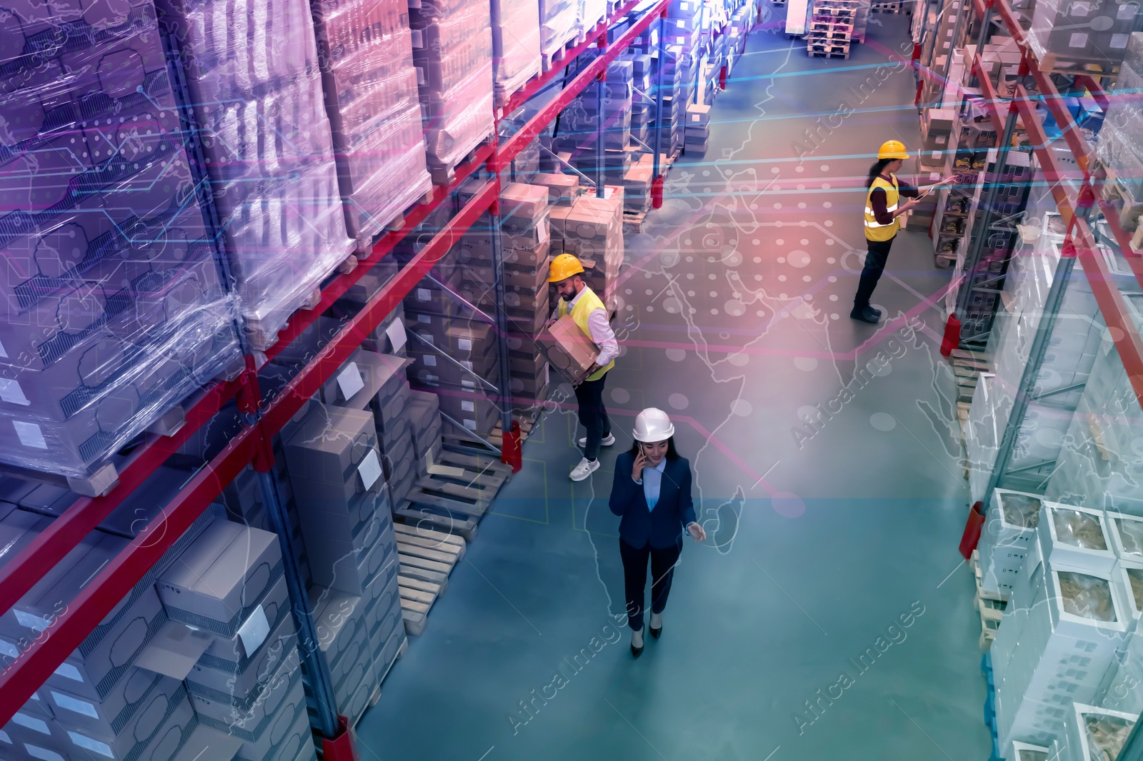 Image of Manager and workers at warehouse, above view. Logistics center. Color toned